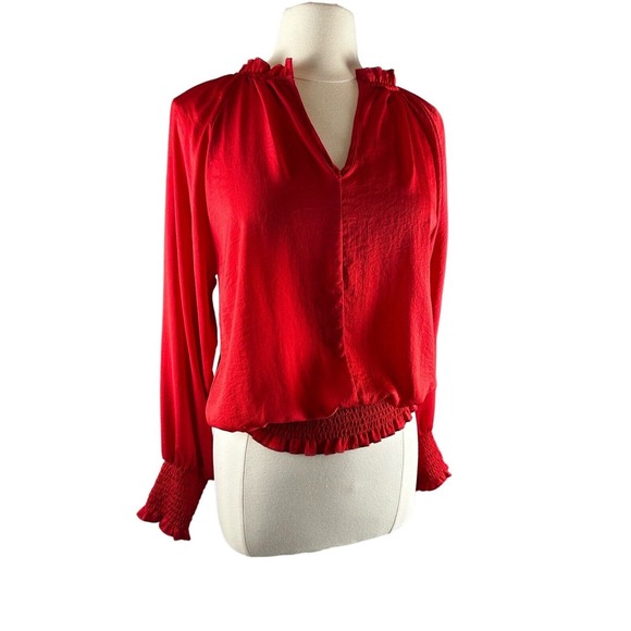glam Tops - Womens Red Smocked Long Sleeve V Neck Top size M